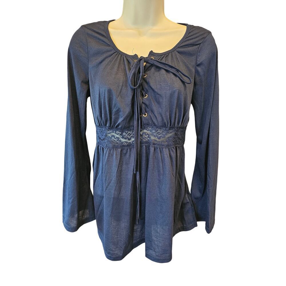 Zanzea NWOT L navy blue peasant long sleeve large blouse lace accent lightweight
